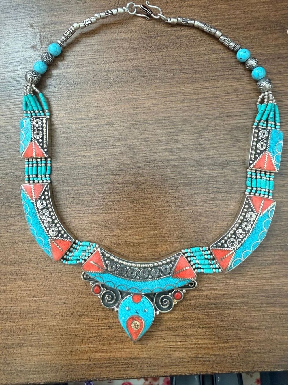 Tribal Boho Turquoise Coral Silver Tone Statement Bib Collar Choker Necklace